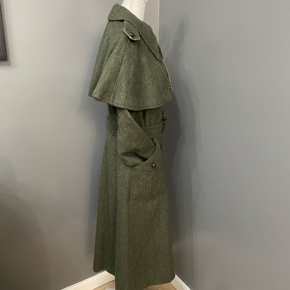 Vintage Rare 70s-80s German Fitted Loden Wool Green Womens Long Cape Coat US 8 - Picture 6 of 17